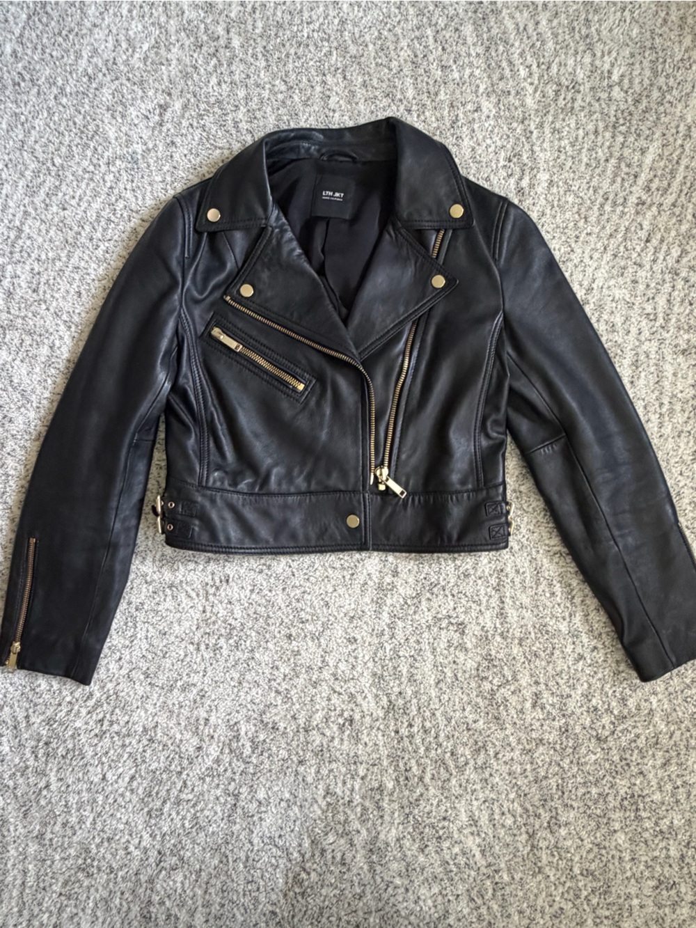 Black Women's Leather Moto Jacket with Gold Hardware